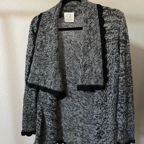 Baby Alpaca Belted Peru Cardigan Sweater Black White Size S - Picture 1 of 10